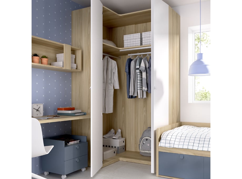 Cama nido con cajones, armario y escritorio con estantes – 3P Mobel