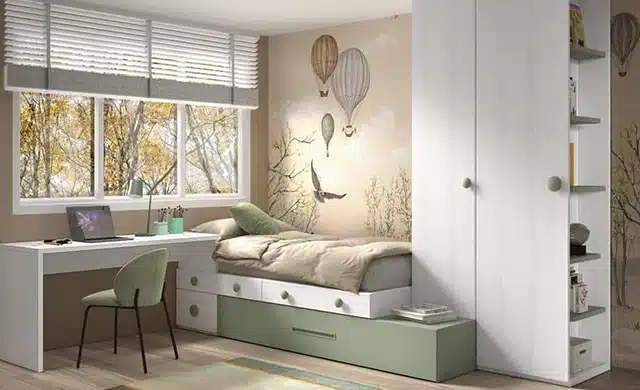 Dormitorio con tonos verdes y neutros modelo Aire 401